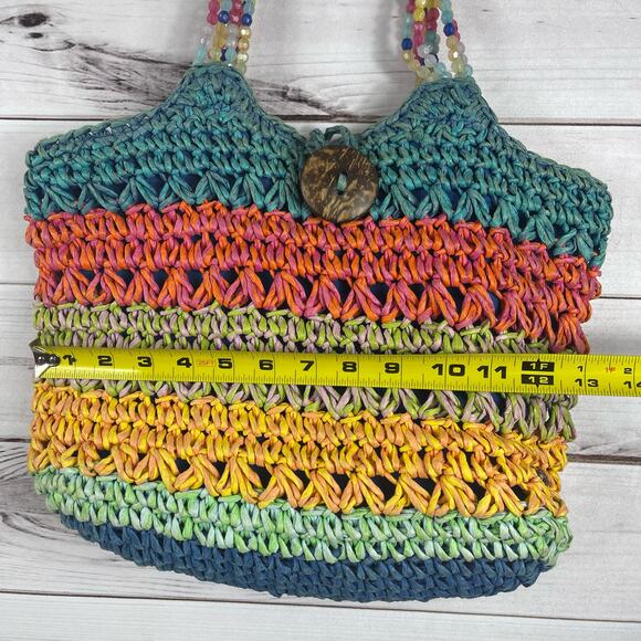 Cappelli Straworld Women's Handbag Tote Beaded Multicolored Wooden Button - Picture 5 of 11